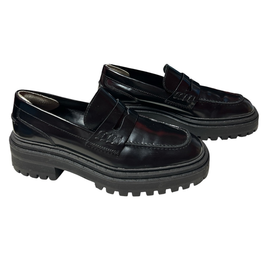 Massimo Dutti BYG Y2K Shiny Black Leather Heavy Loafers Chunky Lug Track Sole